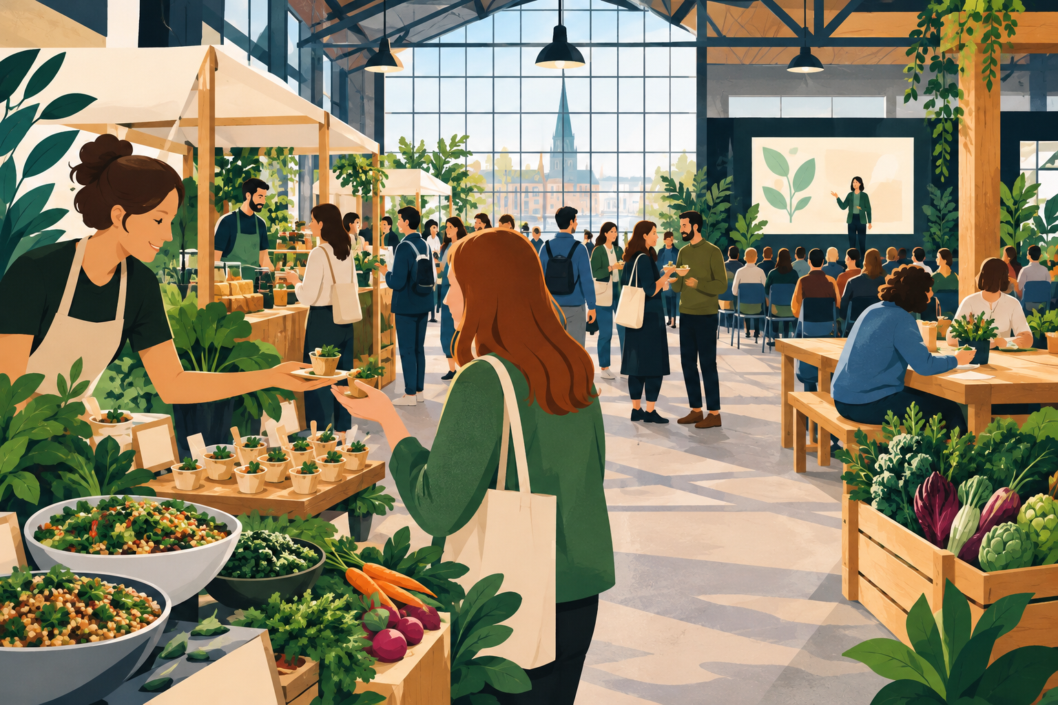 AI-genereret redaktionel illustration til artiklen: Gratis madfestival i Aarhus samler plantebaserede producenter i november