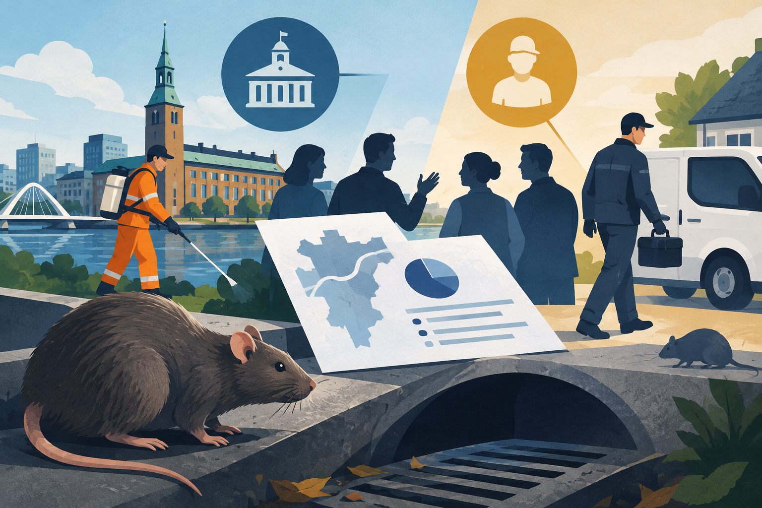 AI-genereret redaktionel illustration til artiklen: Aalborg diskuterer ny model for kommunens rottebekæmpelse