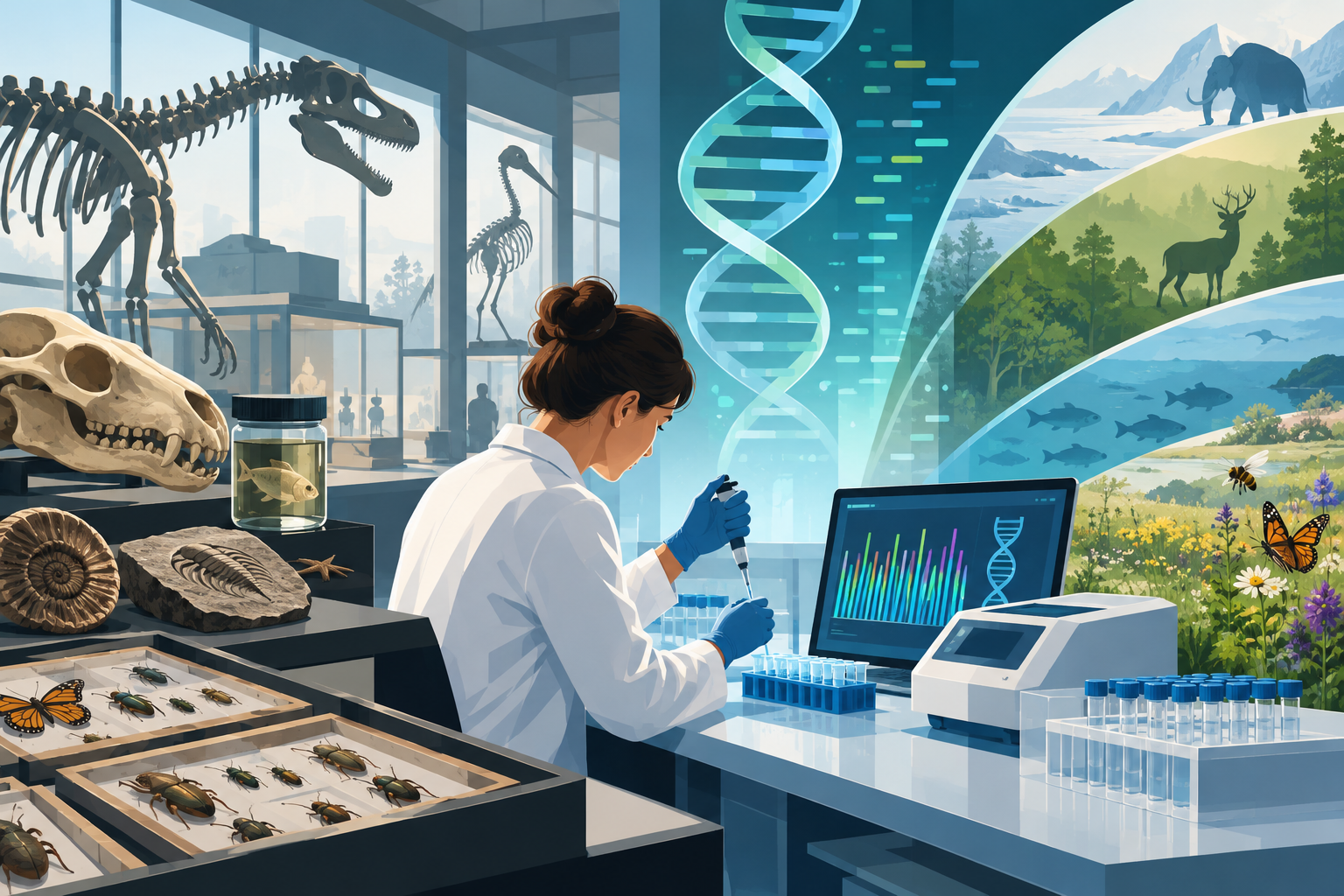 AI-genereret redaktionel illustration til artiklen: Statens Naturhistoriske Museum får 6,8 mio. kr. til Danmarks første laboratorium for DNA-analyse af gamle samlinger