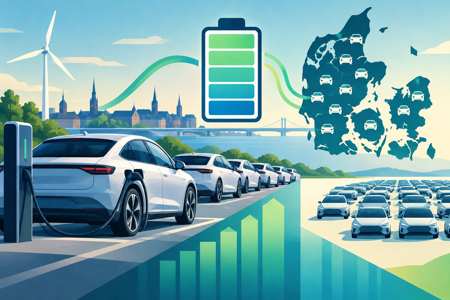 AI-genereret redaktionel illustration til artiklen: Danske elbiler rummer ifølge brancheopgørelse 55,5 GWh batterikapacitet