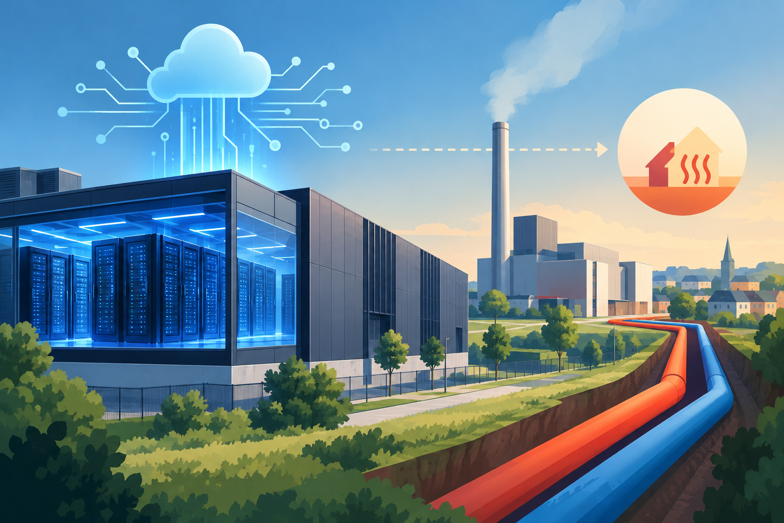 AI-genereret redaktionel illustration til artiklen: CoreWeave aktiverer AI-kapacitet i Ballerup, mens fjernvarmen venter