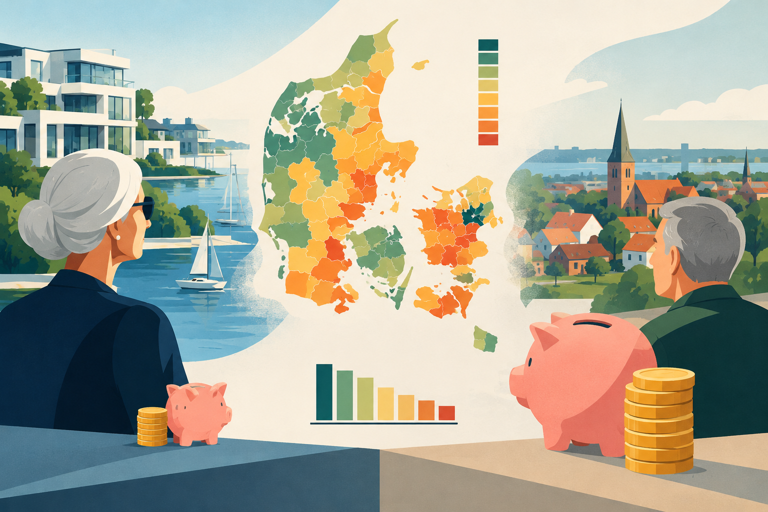 AI-genereret redaktionel illustration til artiklen: Ny analyse afslører store forskelle i pensionsdækning mellem danske kommuner