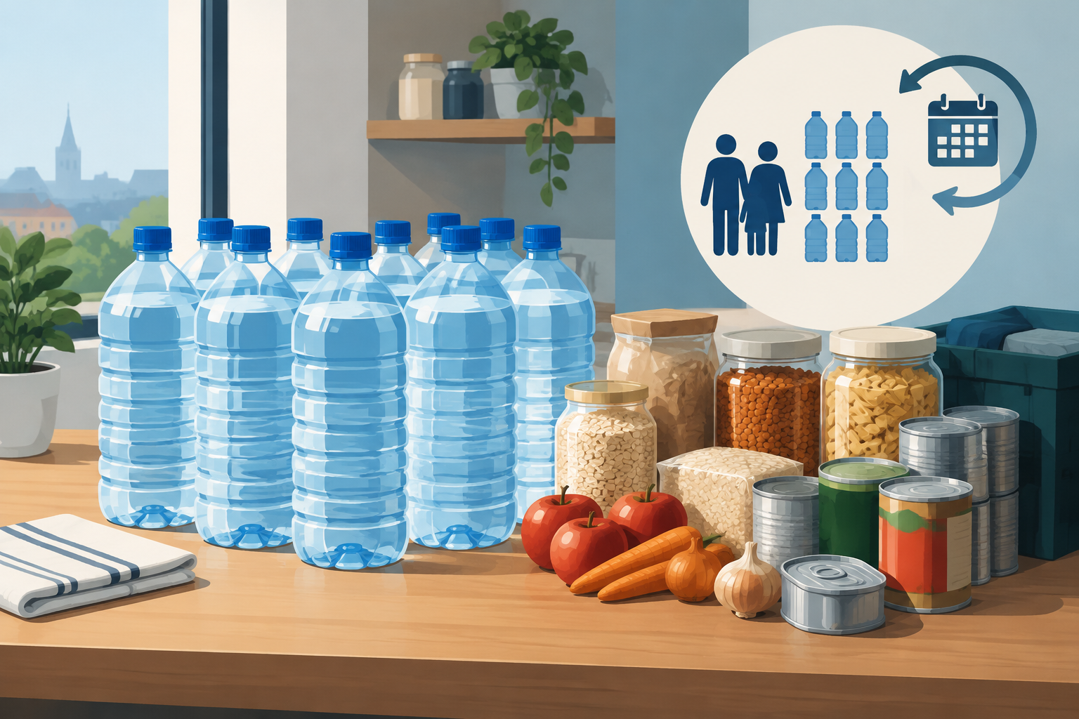 AI-genereret redaktionel illustration til artiklen: Danskere anbefales at have ni liter vand pr. person til hjemmeberedskab