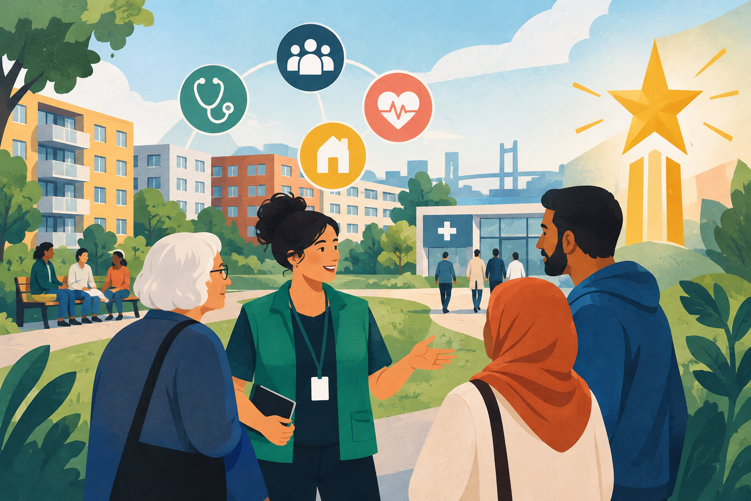 AI-genereret redaktionel illustration til artiklen: Frivillige sundhedsformidlere i Aalborg nomineret til national boligpris