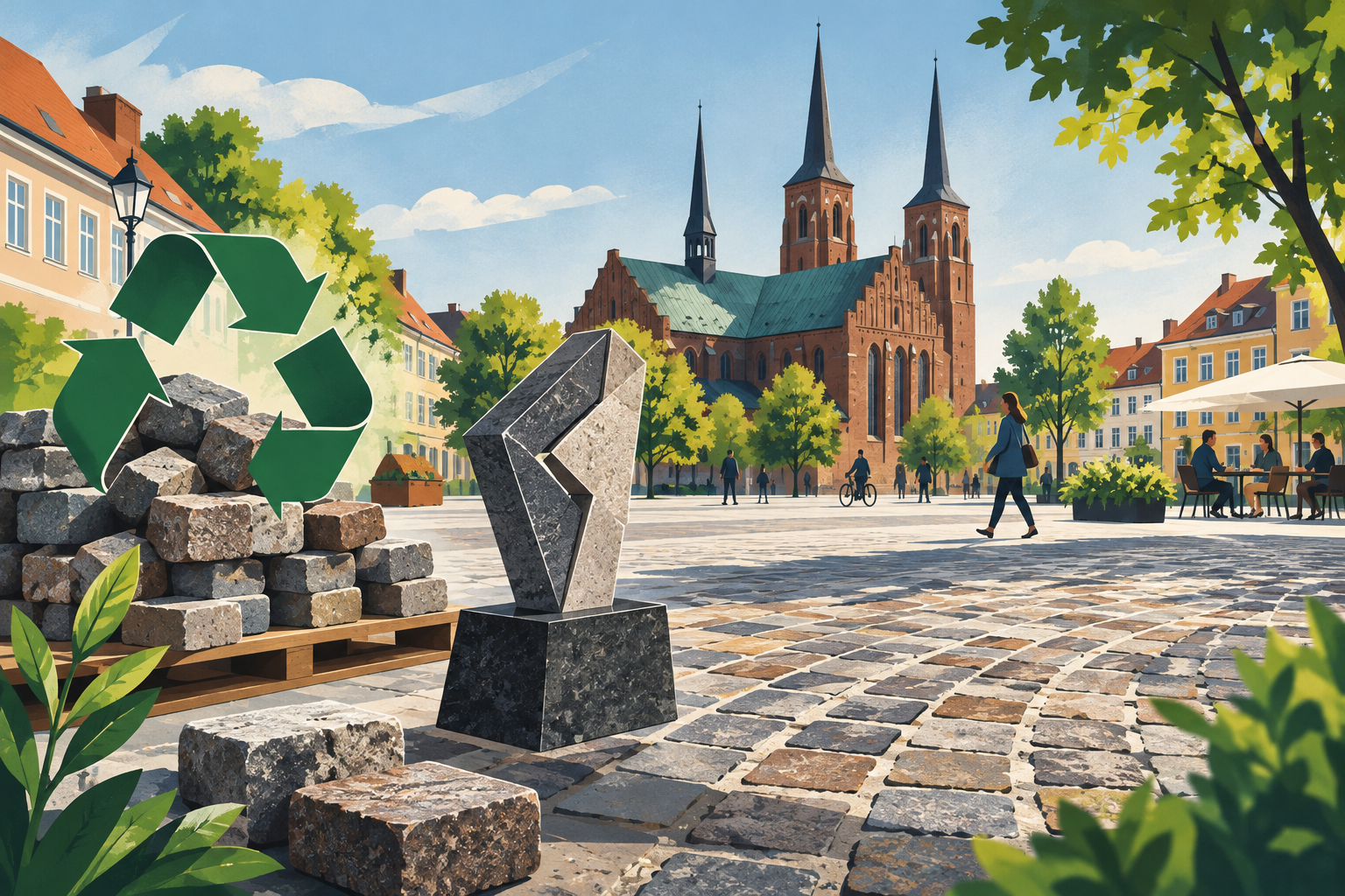 AI-genereret redaktionel illustration til artiklen: Roskilde Kommune modtager Brolæggerprisen 2026 for bæredygtig renovering af Hestetorvet