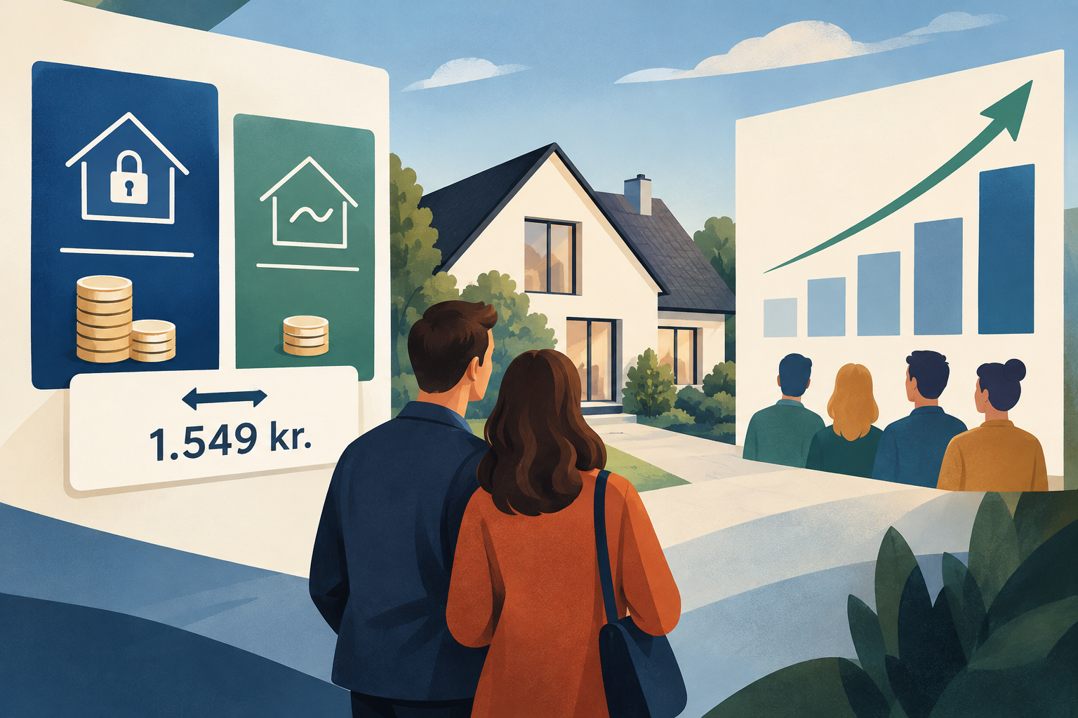AI-genereret redaktionel illustration til artiklen: Fast rente er dyrere, men vælges af flere boligkøbere