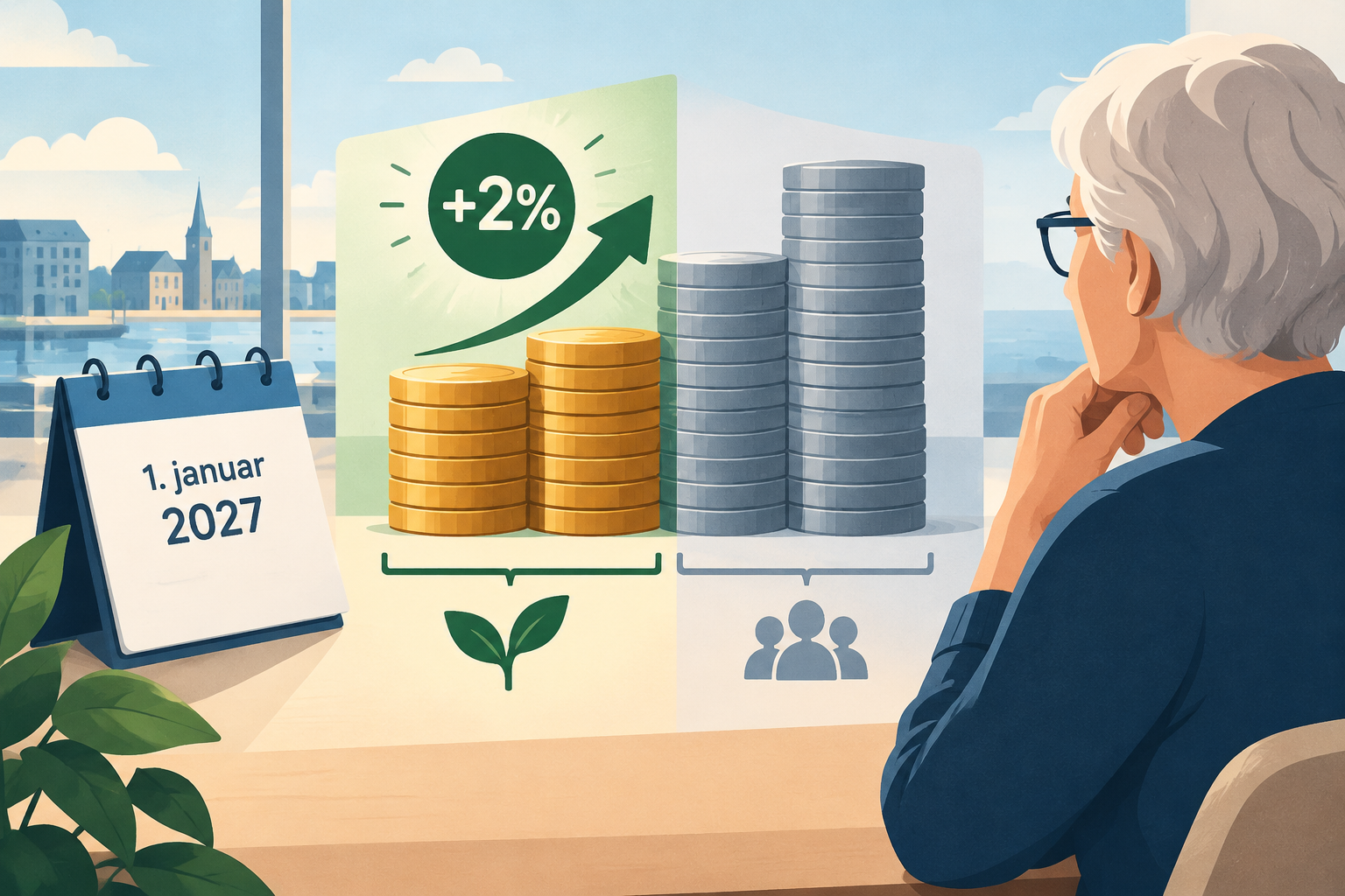 AI-genereret redaktionel illustration til artiklen: ATP hæver pensionen 2 procent fra nytår: Det gælder ikke hele folkepensionen
